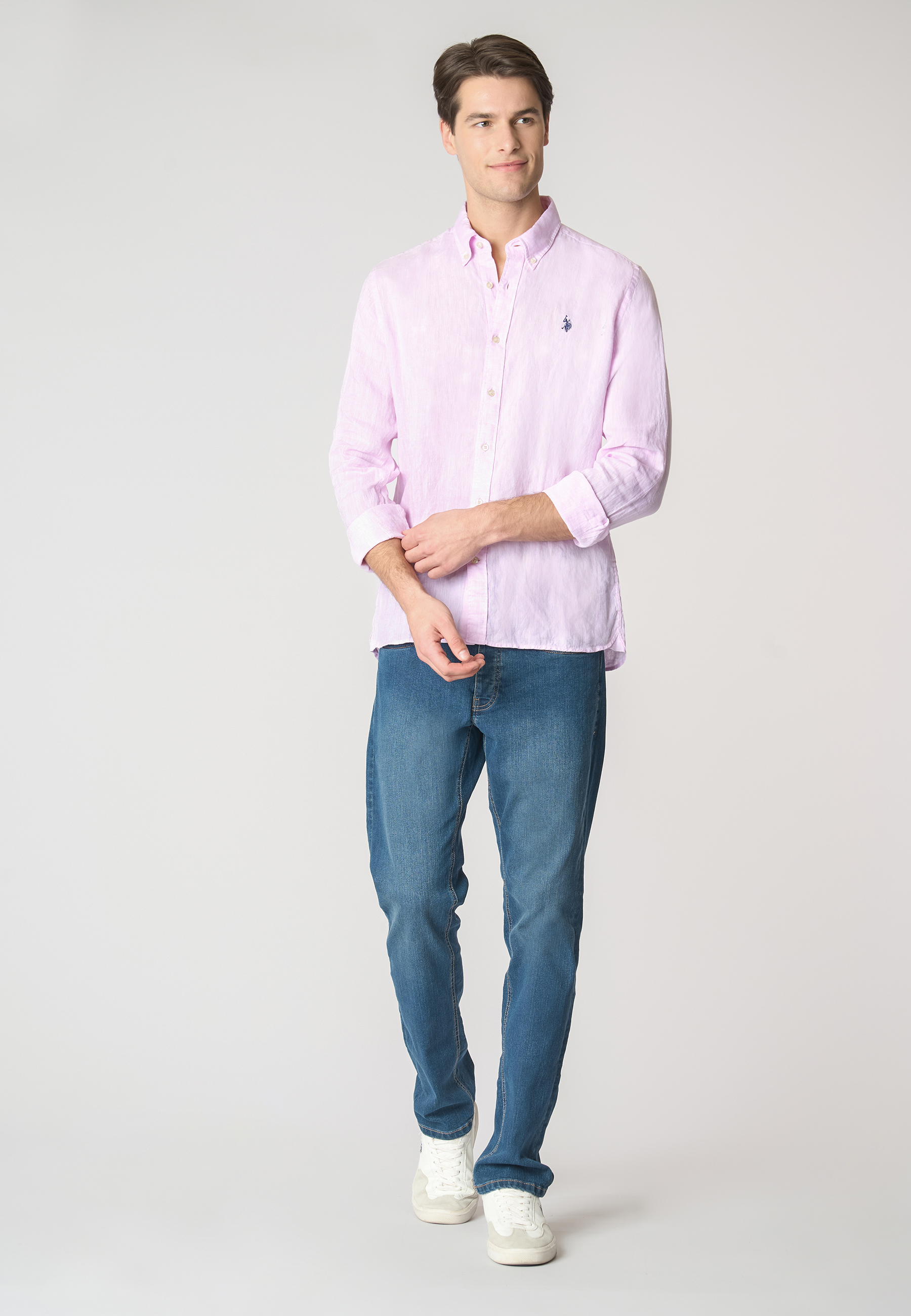 Camicia in lino chambray slim fit con logo