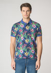 Polo a maniche corte in cotone piquet con fantasia tropicale e logo