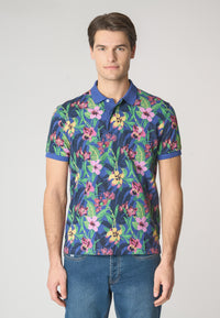 Polo a maniche corte in cotone piquet con fantasia tropicale e logo