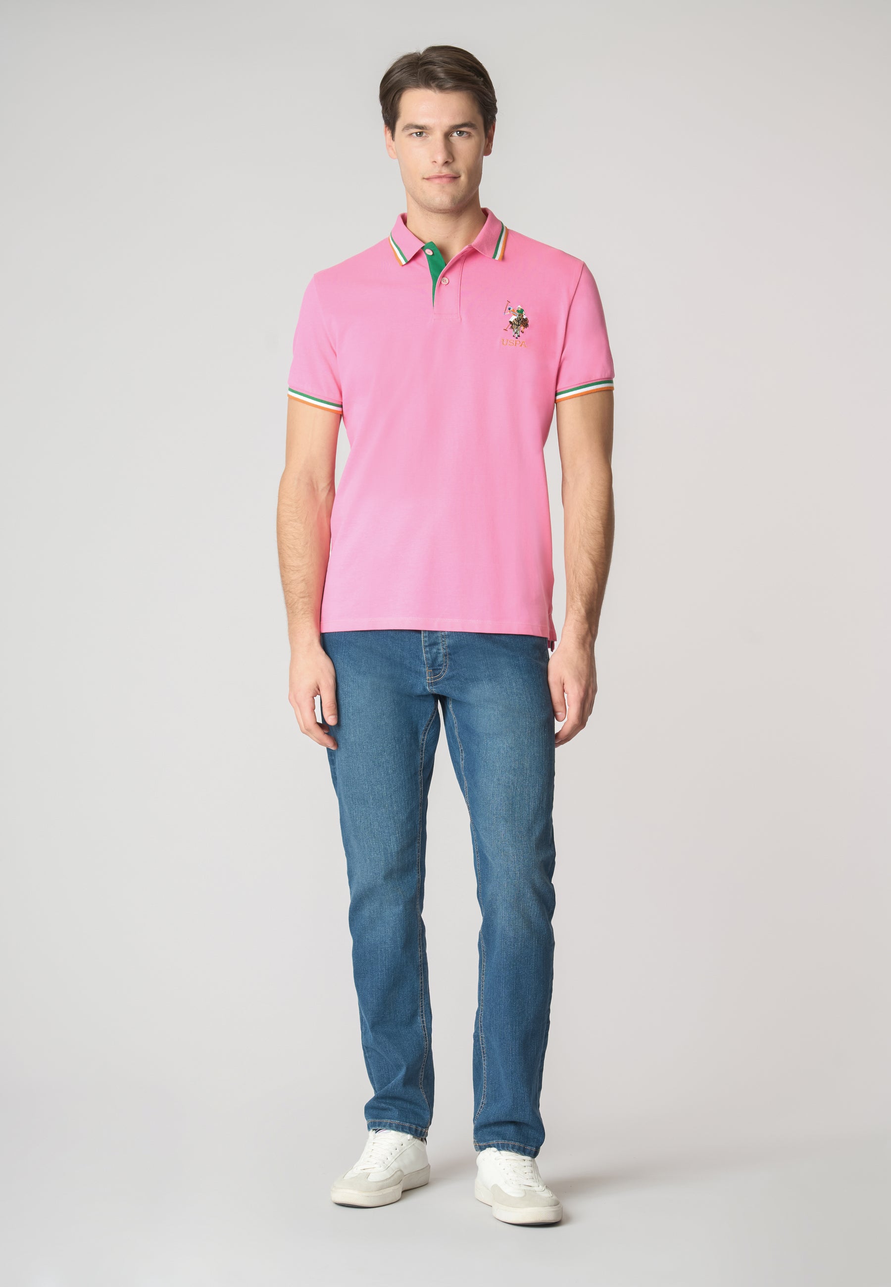 Polo shirt a maniche corte in cotone con logo colorato e dettagli rigati