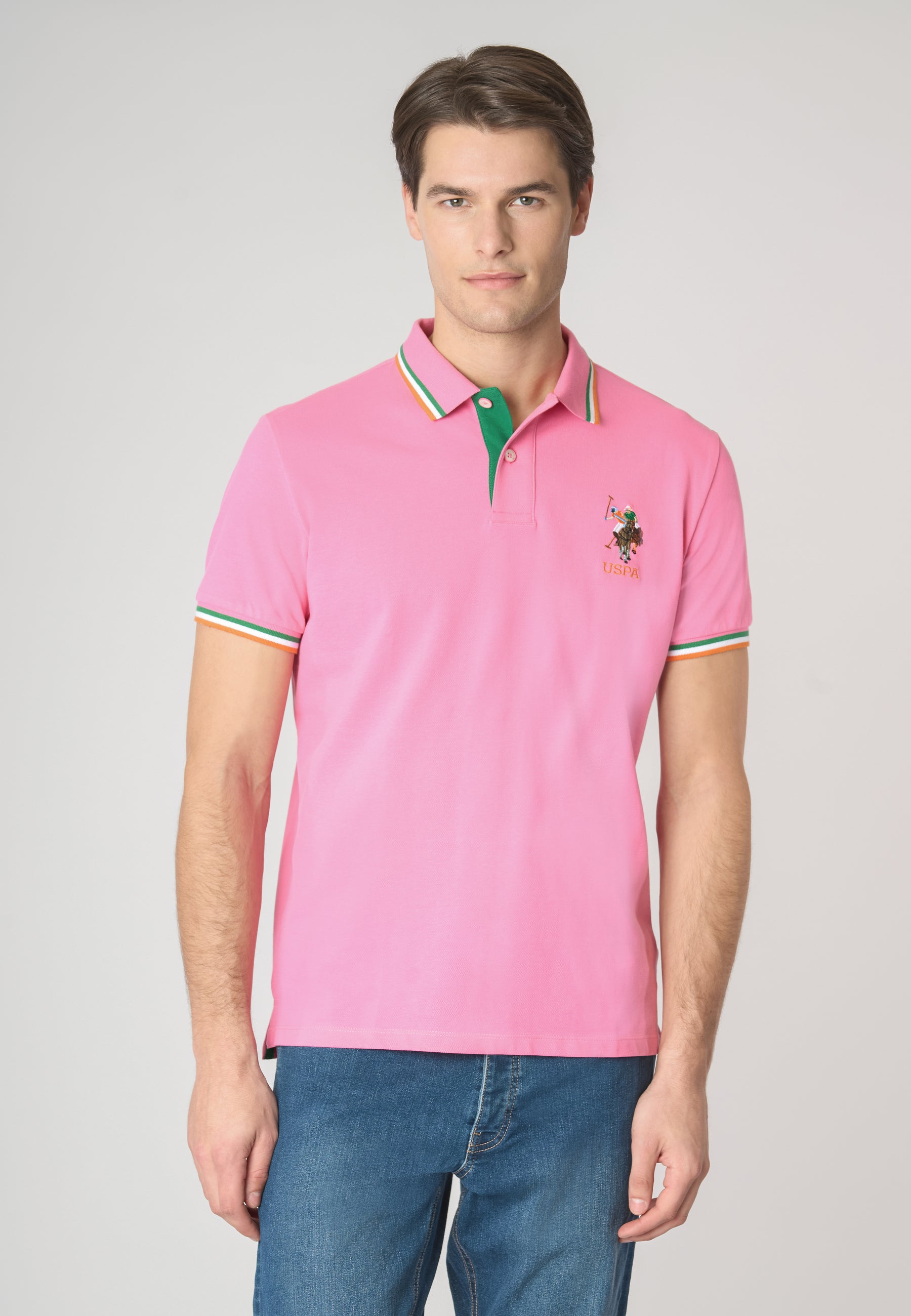 Polo shirt a maniche corte in cotone con logo colorato e dettagli rigati