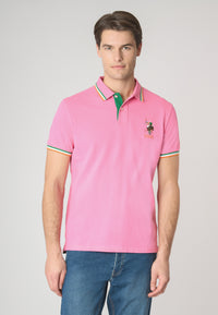 Polo a maniche corte in cotone con logo colorato e dettagli rigati