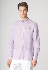 Camicia in lino chambray a righe slim fit con logo