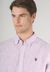Camicia in lino chambray a righe slim fit con logo