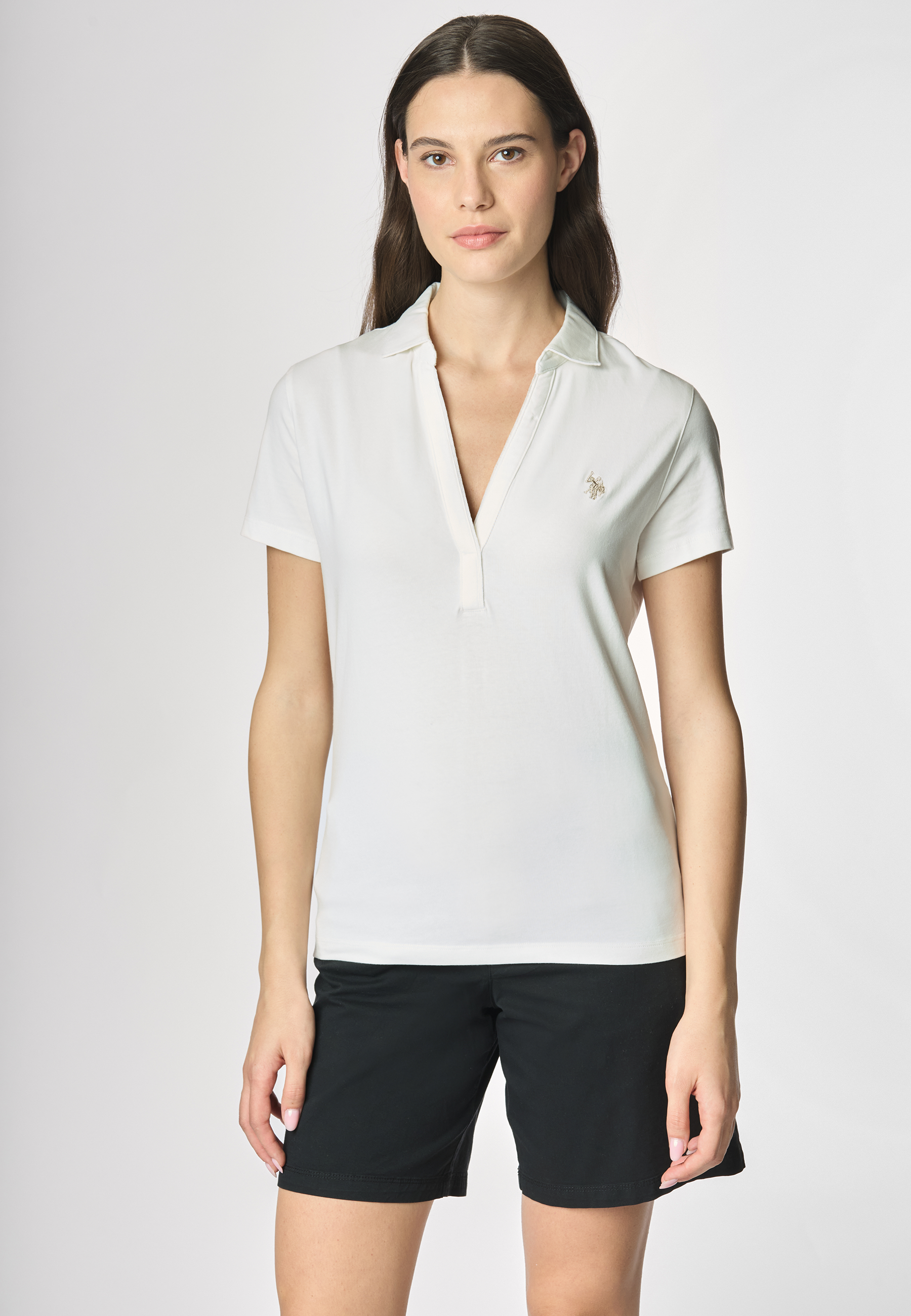 Polo a maniche corte con scollo a V in cotone stretch