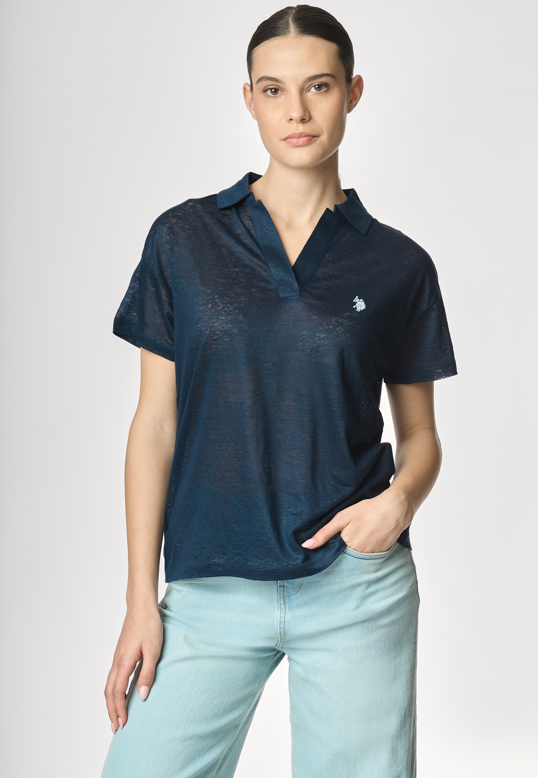 Polo a maniche corte con scollo a V in lino premium quality