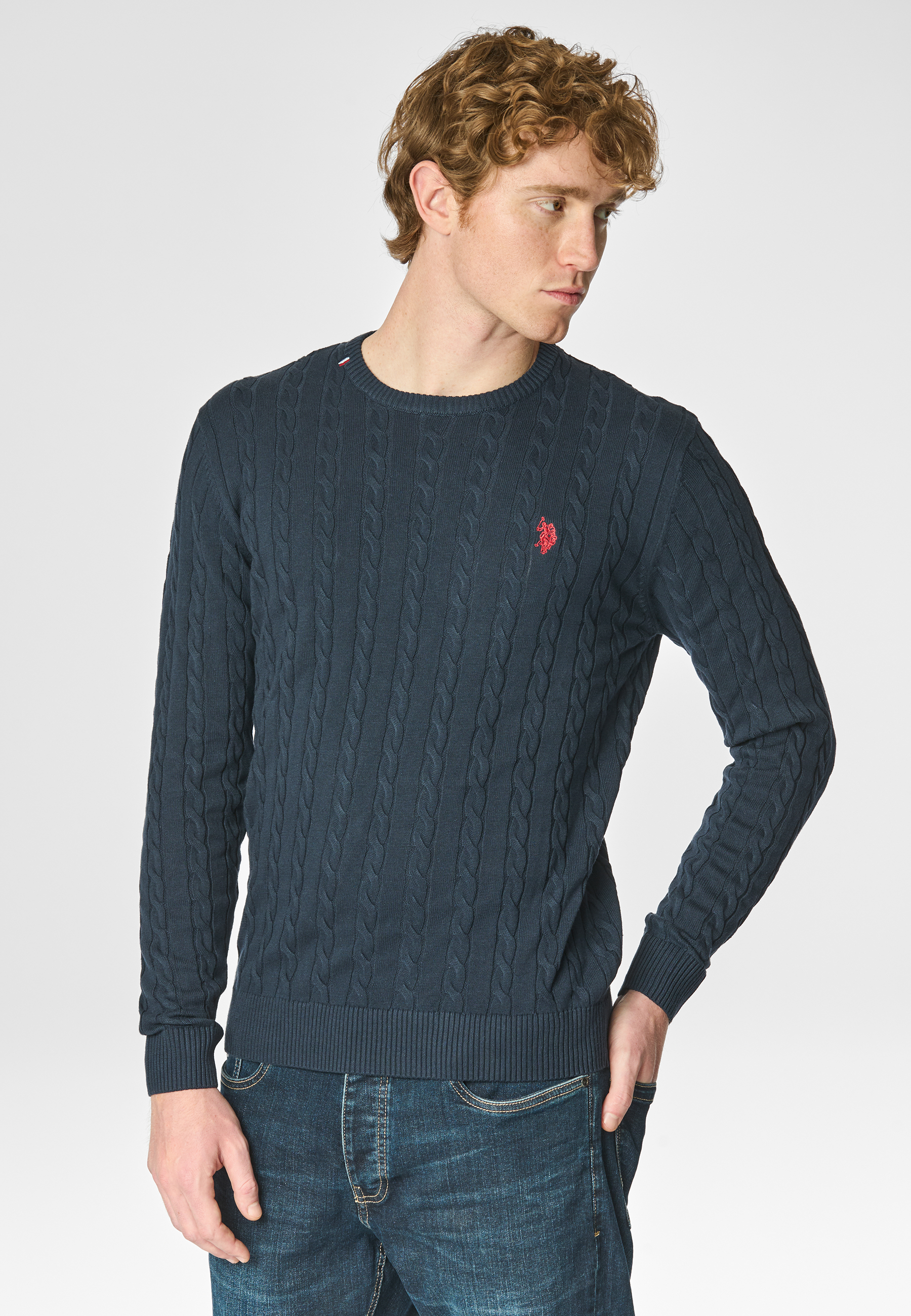 Maglia girocollo a treccia in cotone