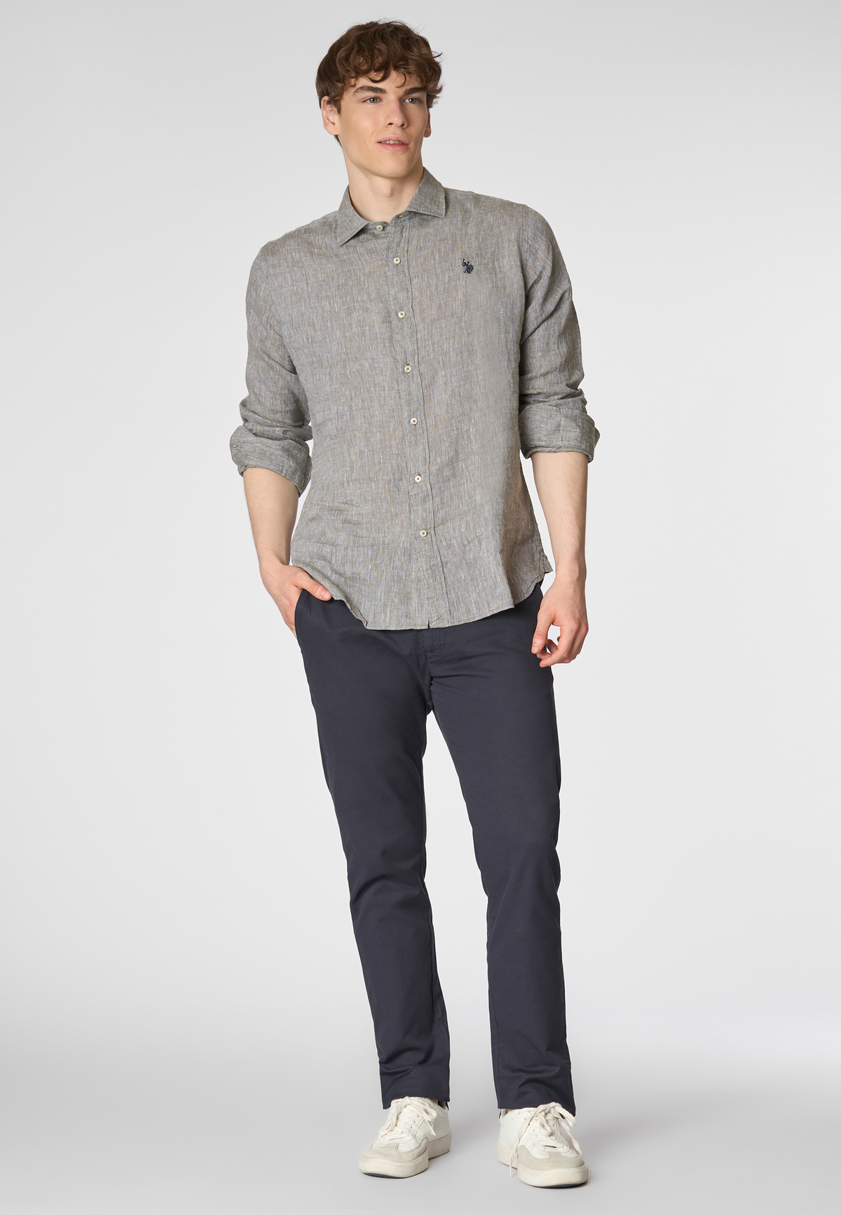 Camicia in lino chambray slim fit con logo