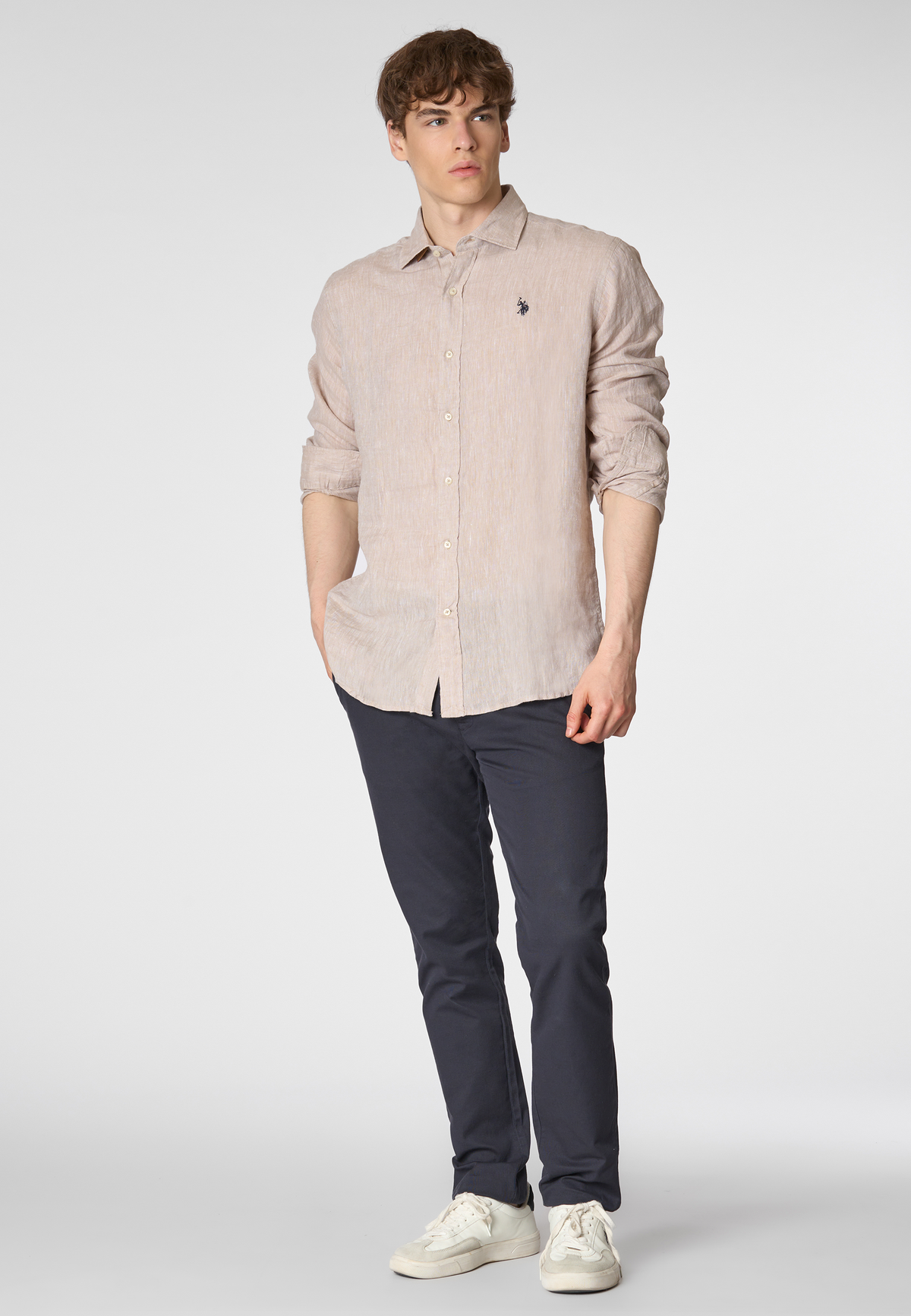 Camicia in lino chambray slim fit con logo