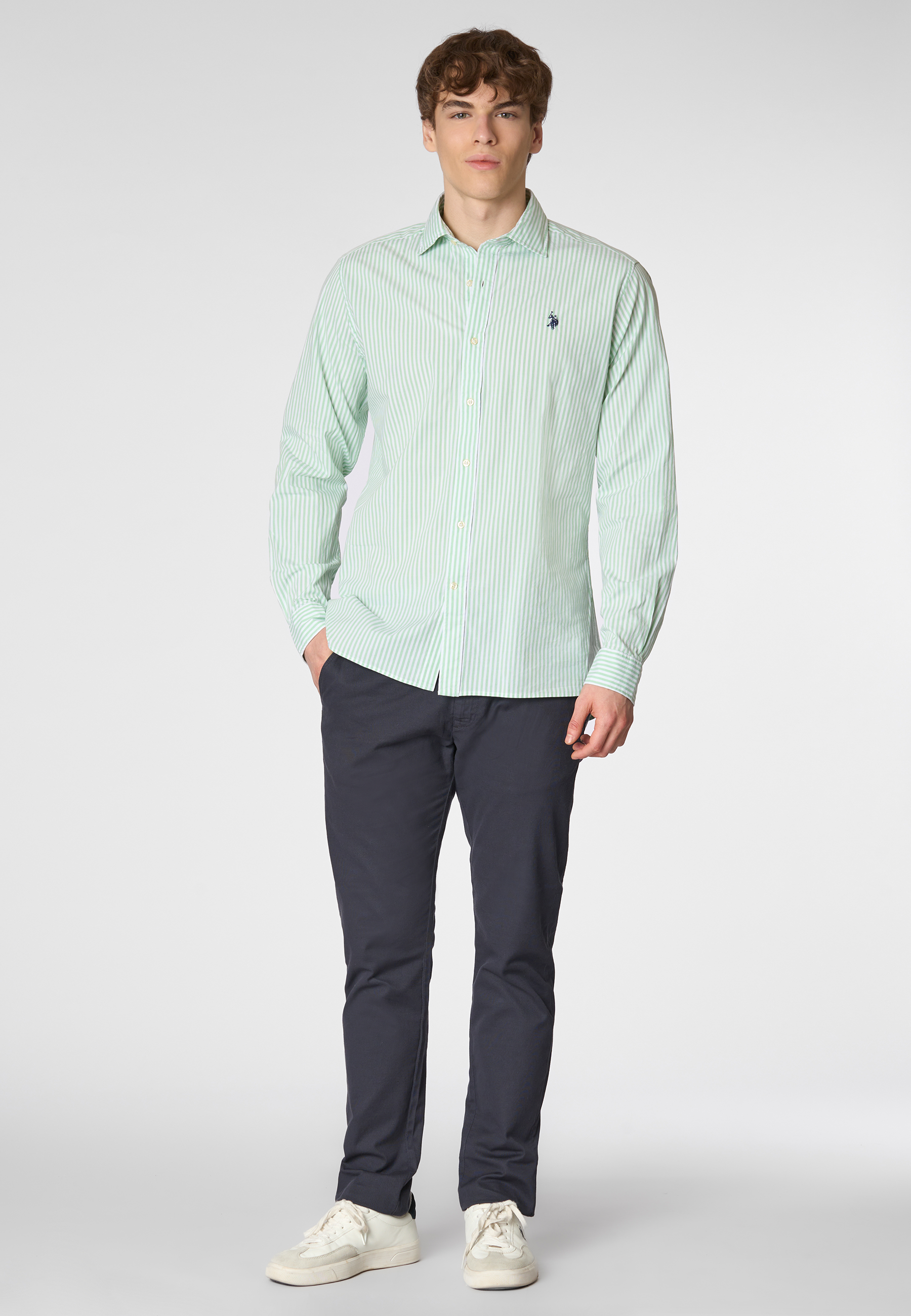 Camicia in cotone stretch popeline a righe slim fit con logo