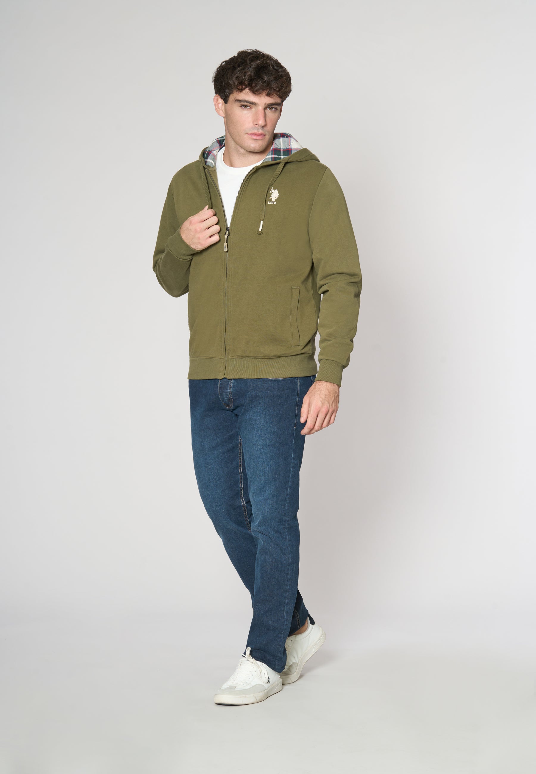 Felpa in cotone con cappuccio tartan e zip