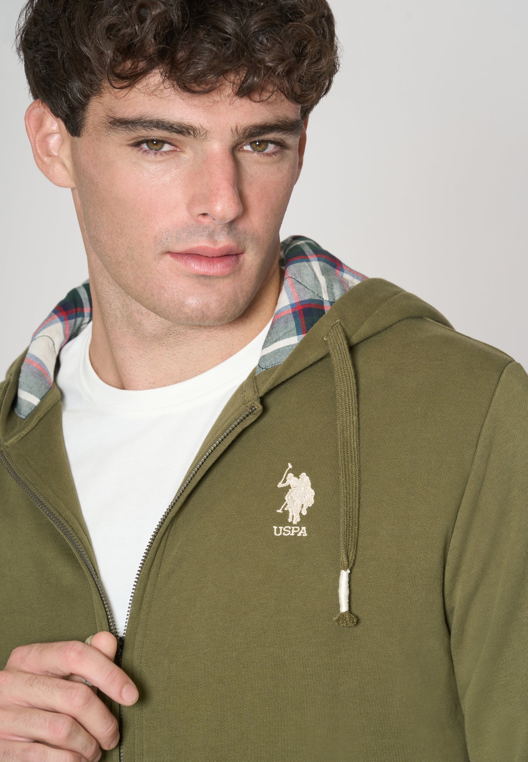 Felpa in cotone con cappuccio tartan e zip