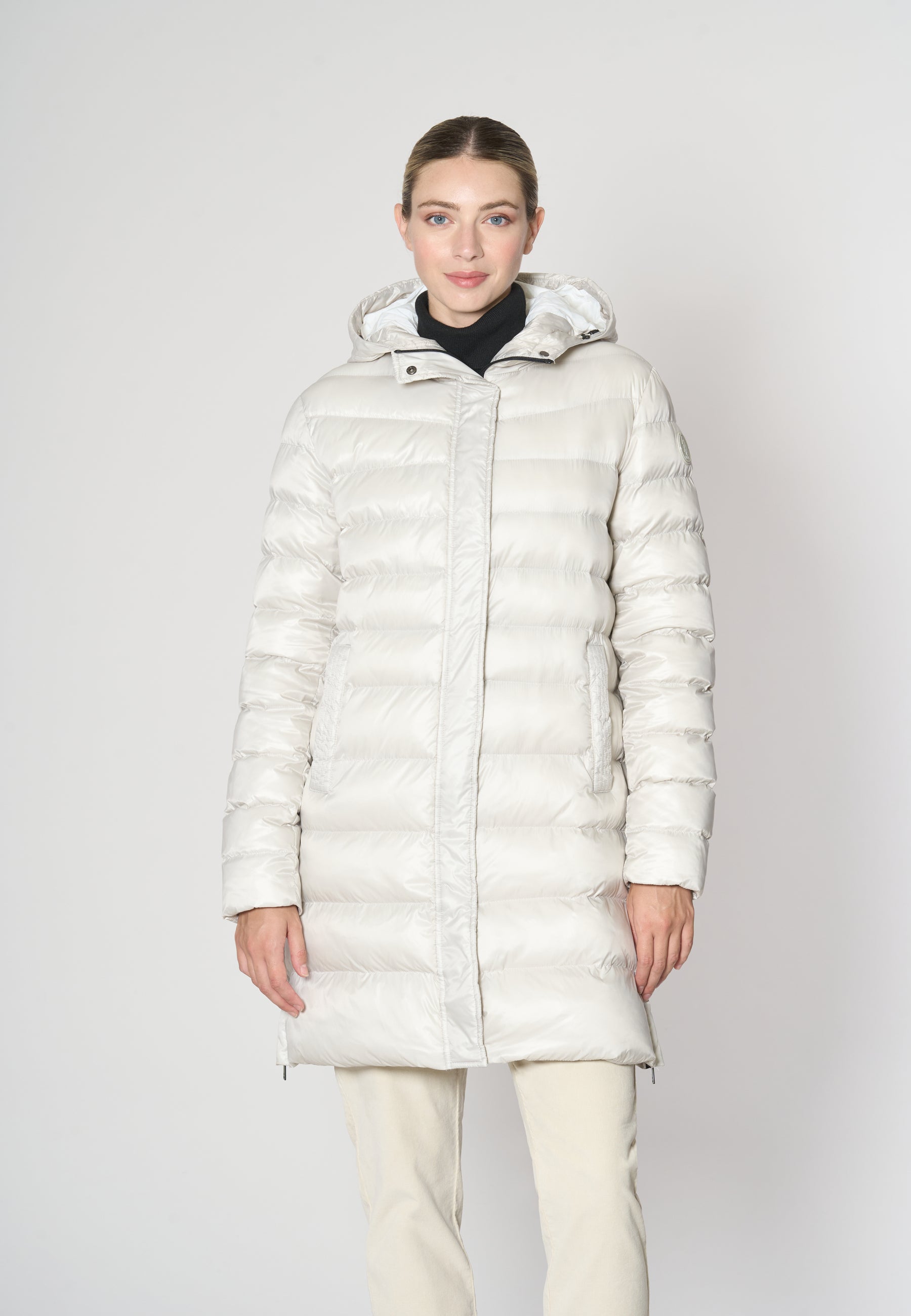 Piumino midi con cappuccio in shiny nylon