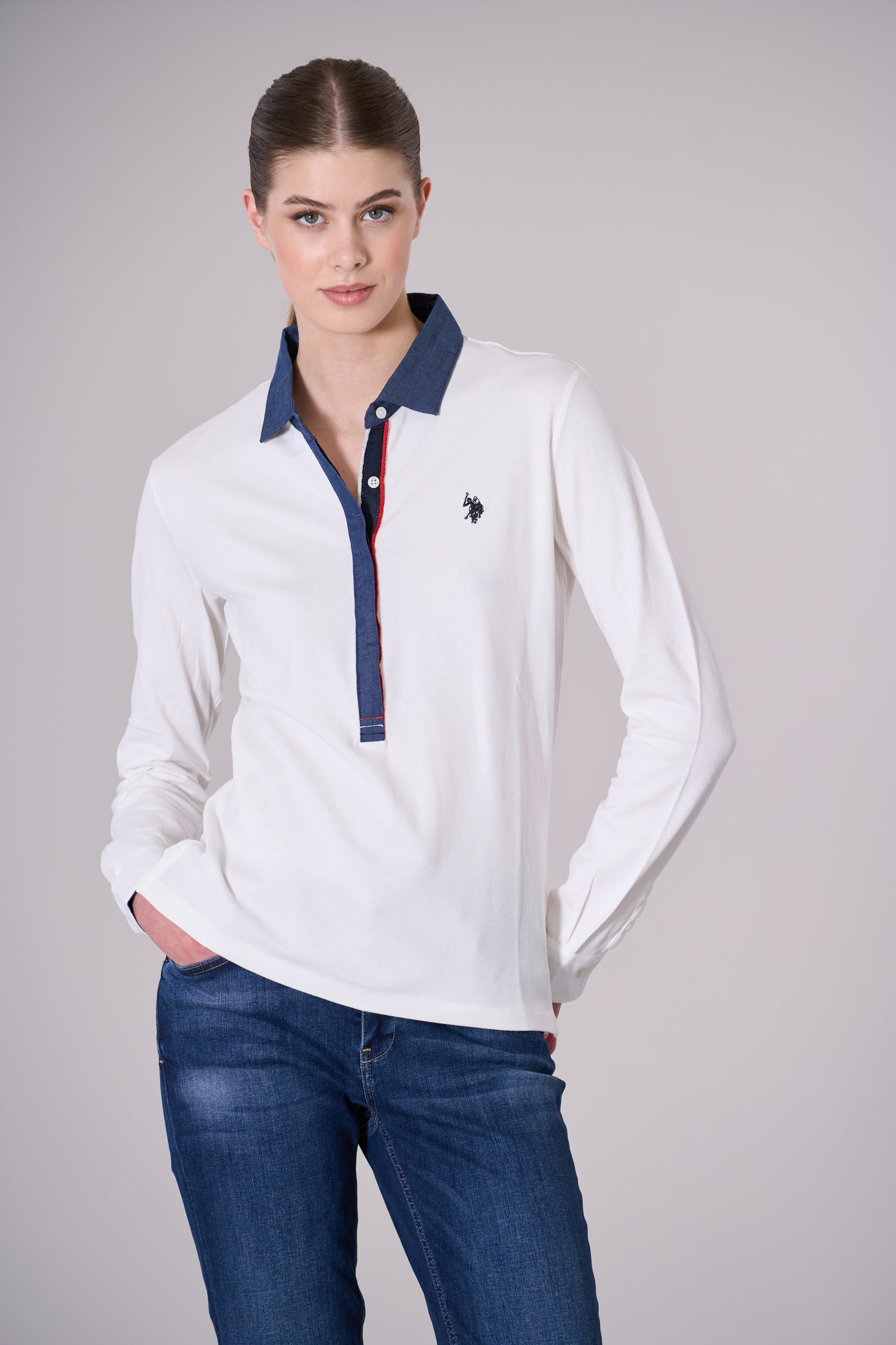 Polo a maniche lunghe con colletto denim U.S. Polo Assn.