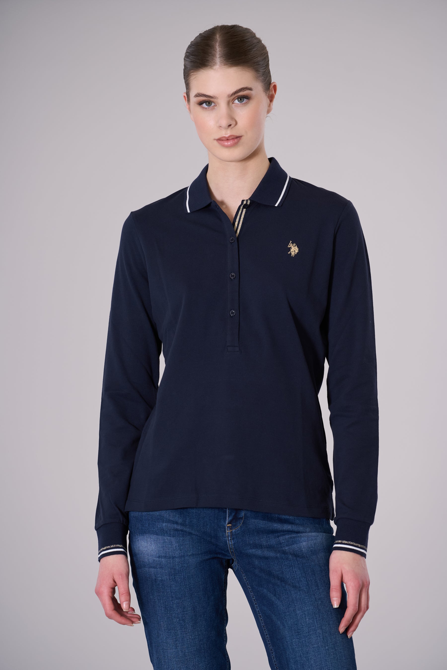 Polo a maniche lunghe dettaglio riga con logo U.S. Polo Assn.