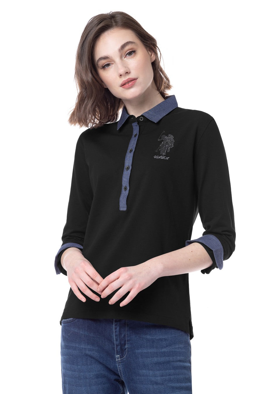 Polo da donna a maniche lunghe con logo strass U.S. Polo Assn.