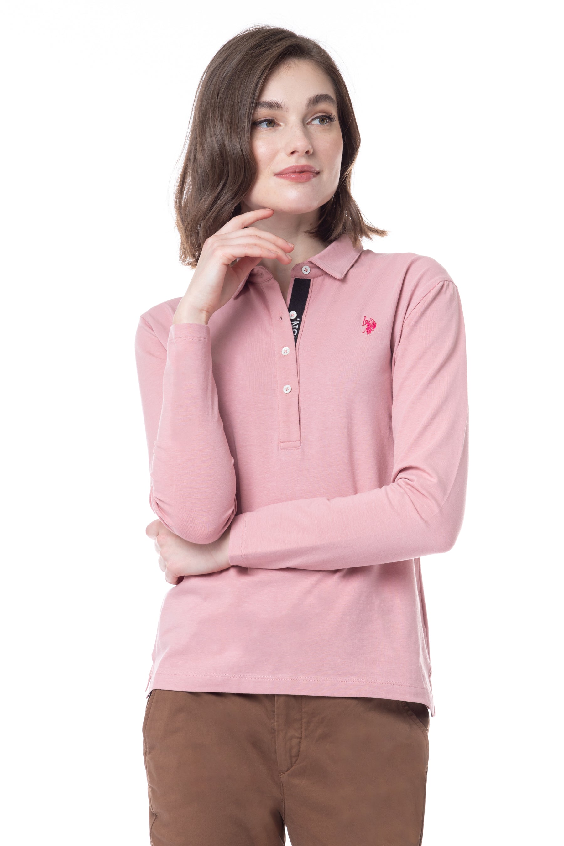 Polo da donna a maniche lunghe con logo e scritta U.S. Polo Assn.